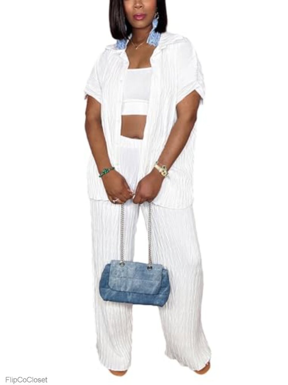 Women's 2 Piece Set Button Down Shirt & Wide Leg Pants Matching Tracksuit